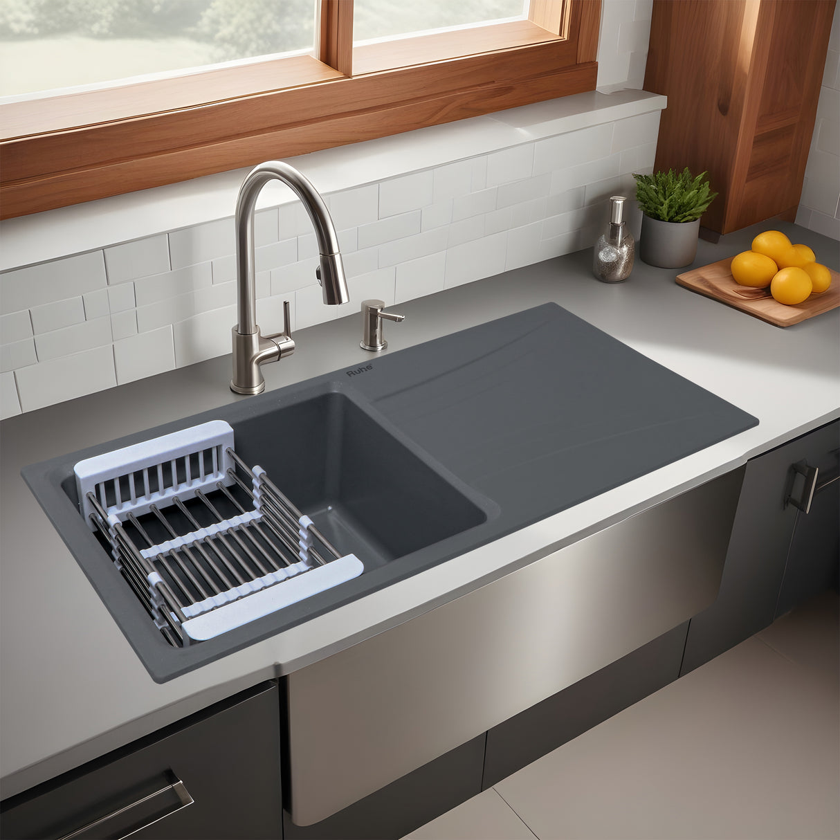 Quartz Single Bowl with Drainboard Kitchen Sink - Smoke Grey (36 x 18 x 9 inches) - by Ruhe