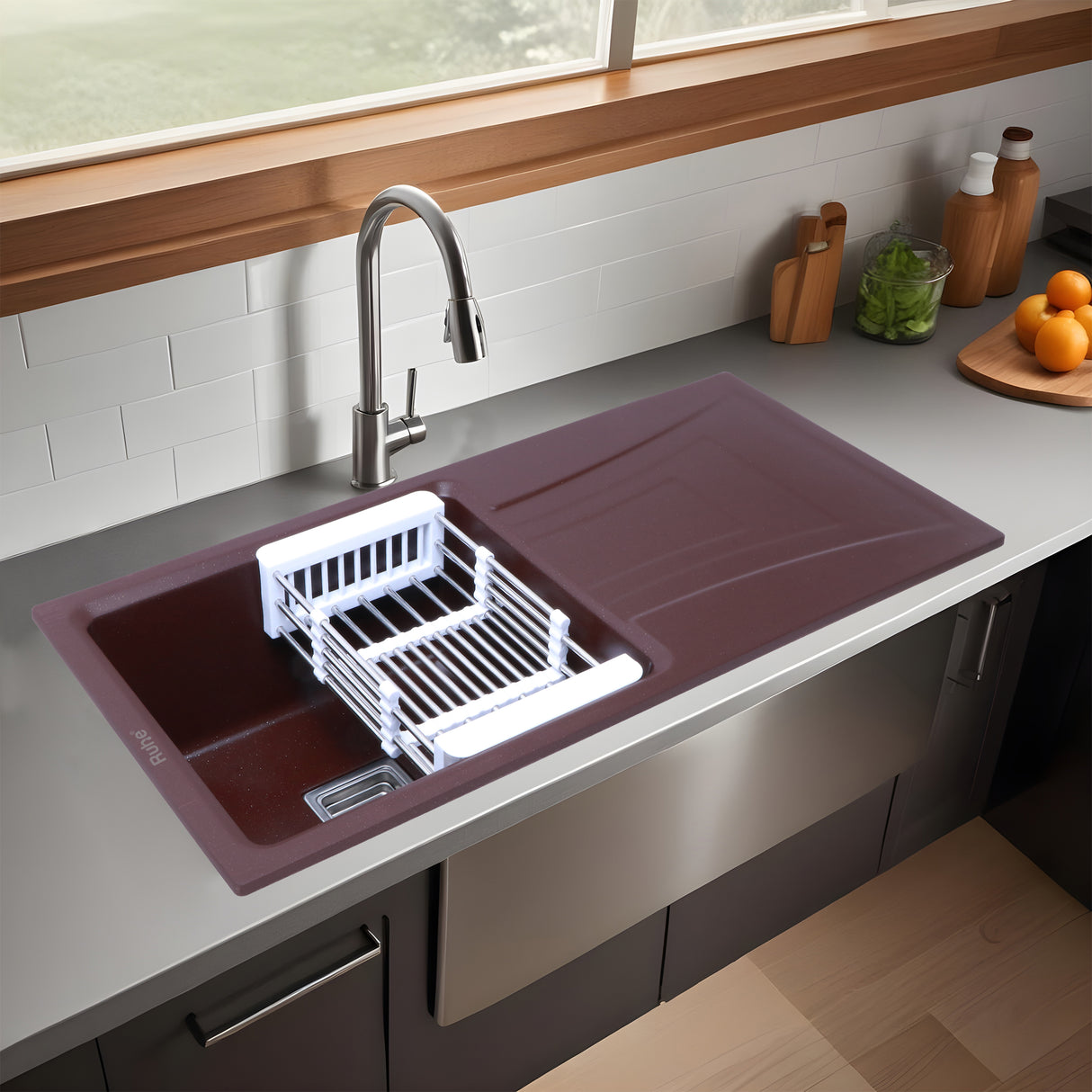 Quartz Single Bowl with Drainboard Kitchen Sink - Choco Brown (36 x 18 x 9 inches) - by Ruhe