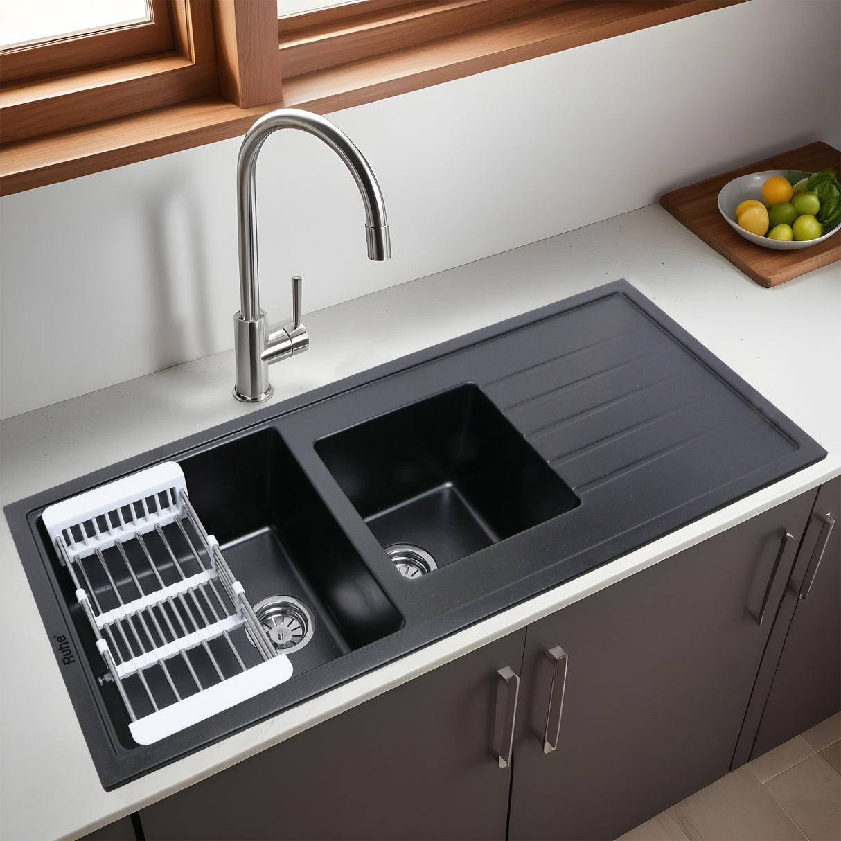 Quartz Double Bowl with Drainboard Kitchen Sink - Matte Black (45 x 20 x 9 inches) - by Ruhe