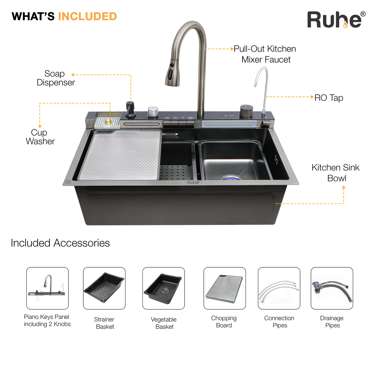 Piano Smart Kitchen Sink (30 x 18 x 9 Inches)