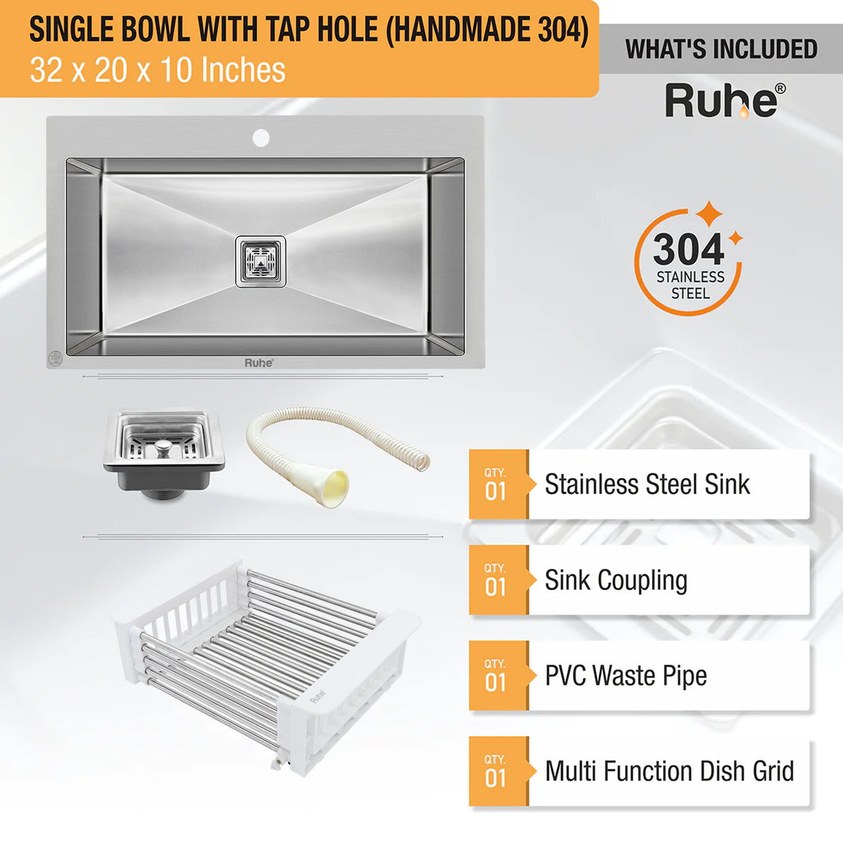 Handmade Single Bowl 304-Grade (32 x 20 x 10 Inches) Kitchen with Tap Hole - by Ruhe