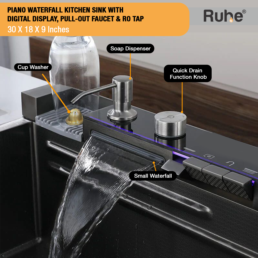 Piano 304-Grade Kitchen Sink with Integrated Waterfalls, Digital Display, Pull-out Faucet & RO Tap (30 x 18 x 9 inches) - by Ruhe