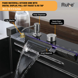 Piano 304-Grade Kitchen Sink with Integrated Waterfalls, Digital Display, Pull-out Faucet & RO Tap (30 x 18 x 9 inches) Details