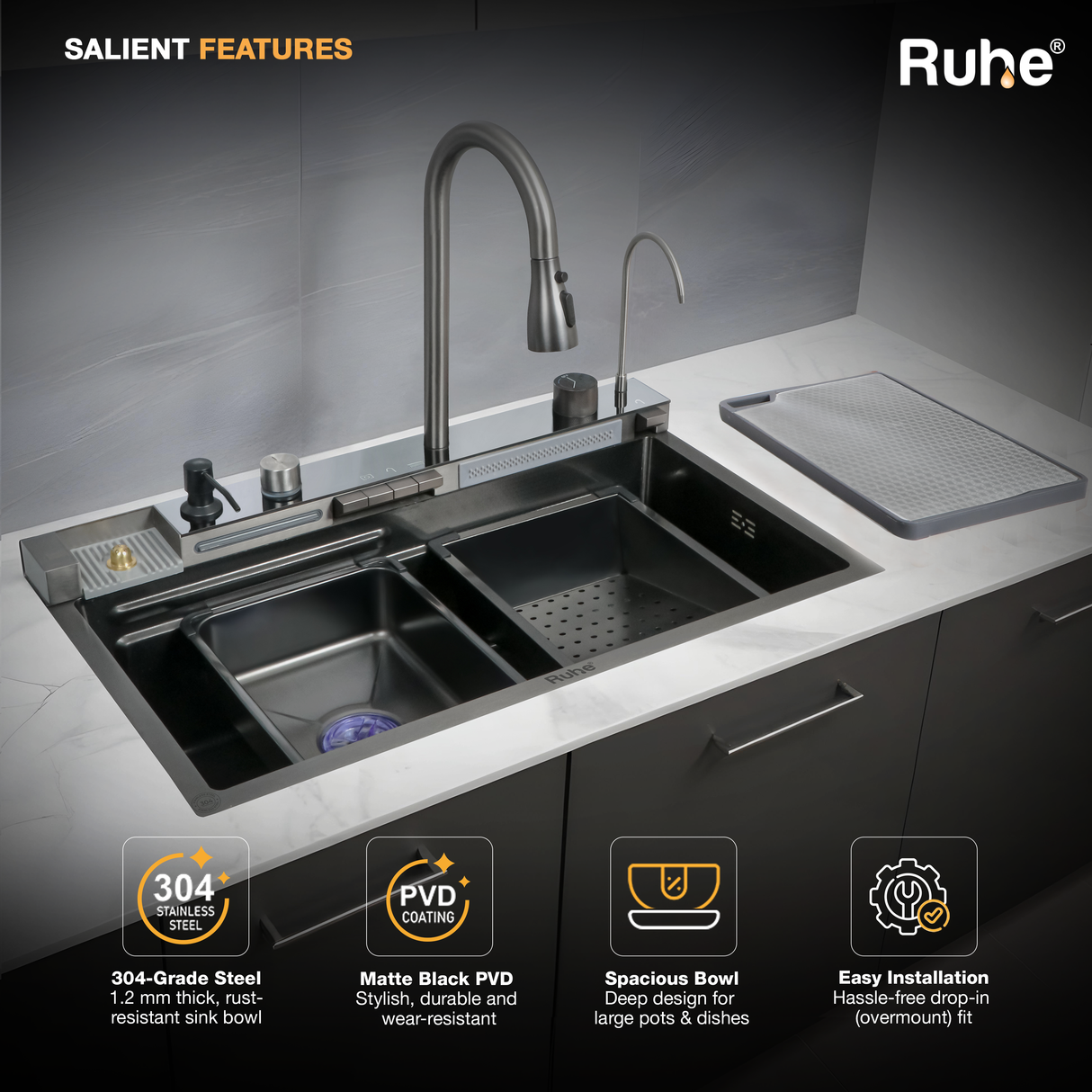 Piano Smart Kitchen Sink (30 x 18 x 9 Inches)