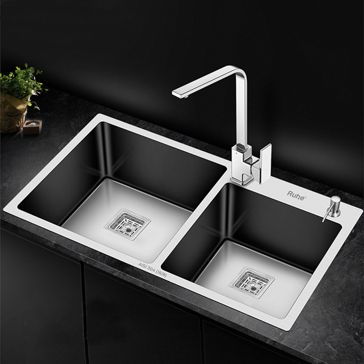 Handmade Double Bowl 304-Grade Kitchen Sink (37 x 18 x 10 Inches) with Tap Hole installed