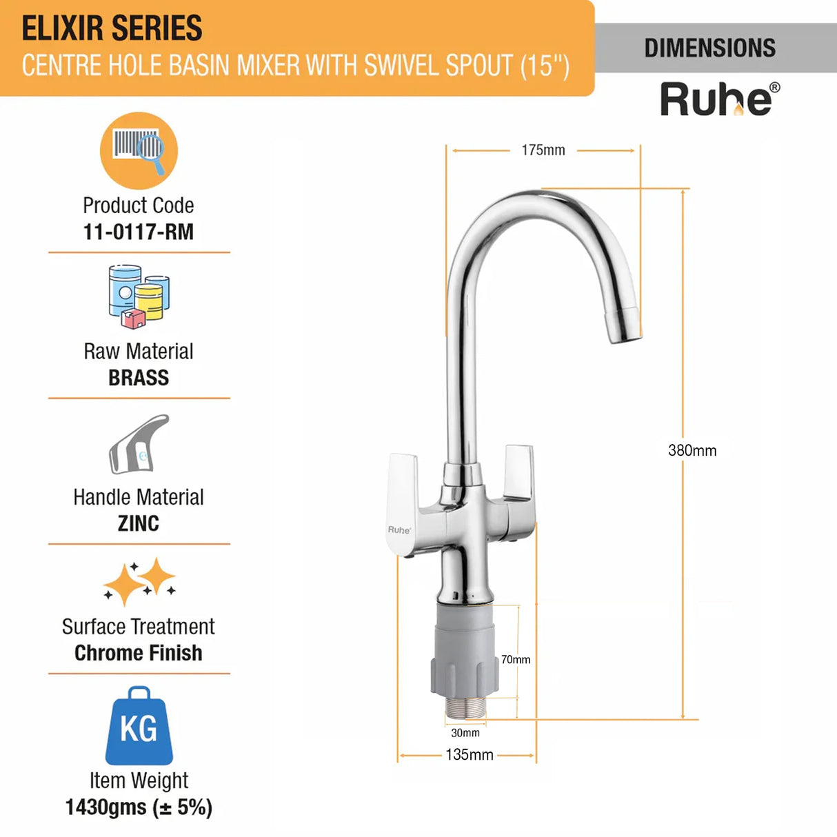 Elixir Deck Mount Wash Basin Mixer Tap with Swivel Spout