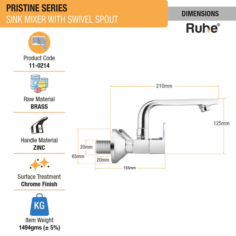 Pristine Wall Mount Kitchen Sink Mixer Tap with Swivel Spout