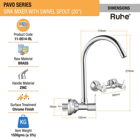 Pavo Wall Mount Kitchen Sink Mixer Tap with Swivel Spout