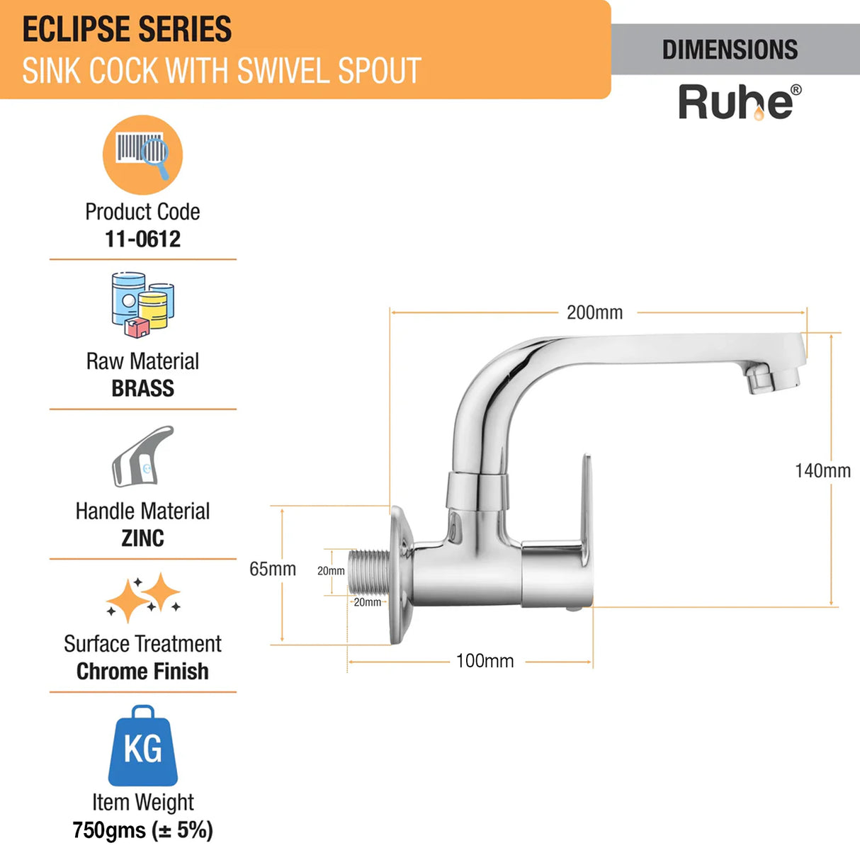 Eclipse Wall Mount Kitchen Sink Tap with Swivel Spout