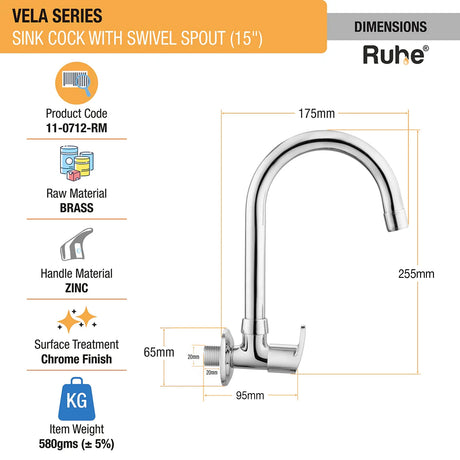 Vela Wall-mount Kitchen Sink Tap with Medium Swivel Spout (15") - by Ruhe