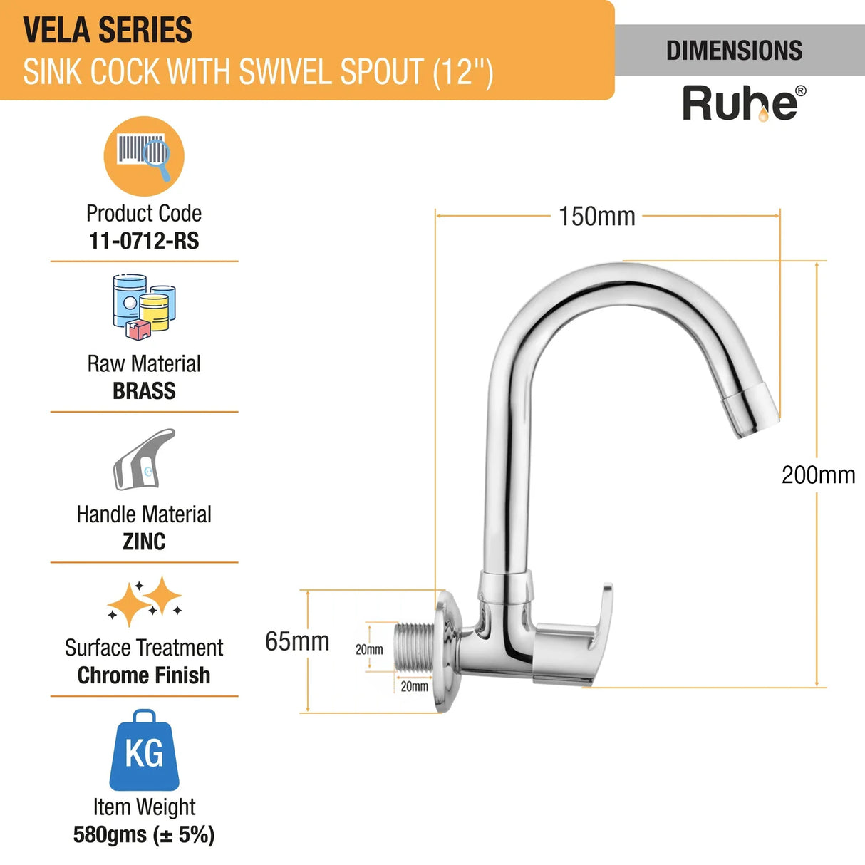 Vela Wall-mount Kitchen Sink Tap with Small Swivel Spout (12") - by Ruhe