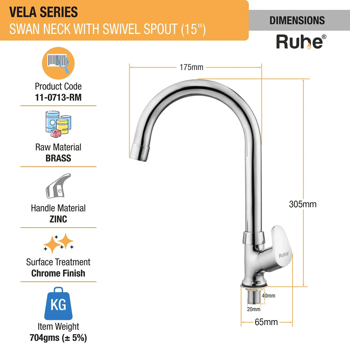 Vela Deck-mount Kitchen Sink Tap with Medium Swivel Spout (15") - by Ruhe