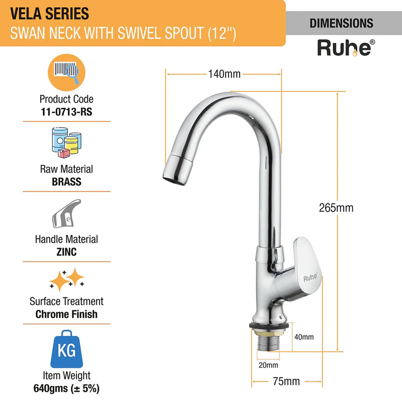 Vela Deck-mount Kitchen Sink Tap with Small Swivel Spout (12") - by Ruhe