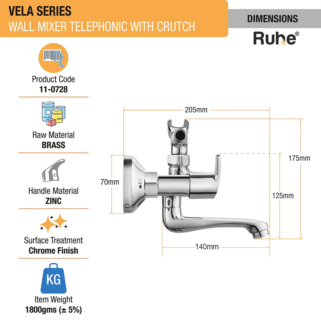 Vela Telephonic Wall Mixer Tap with Crutch