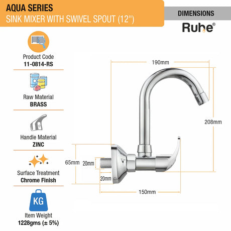Aqua Wall Mount Kitchen Sink Mixer Tap with Swivel Spout
