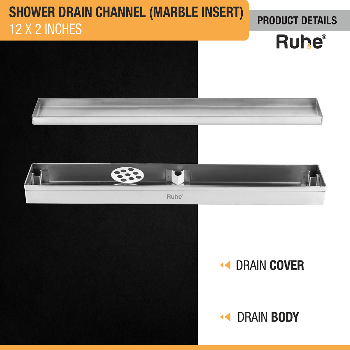 Marble Insert Shower Drain Channel (12 x 2 Inches) (304 Grade) with drain cover and drain body