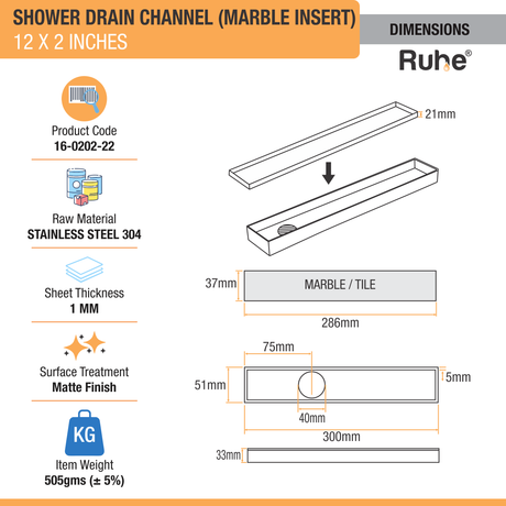 Marble Insert Shower Drain Channel (12 x 2 Inches) (304 Grade) - by Ruhe®