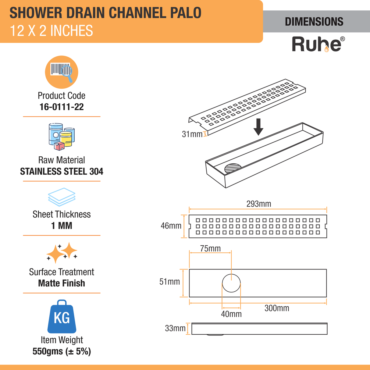 Palo Shower Drain Channel (12 x 2 Inches) - by Ruhe®