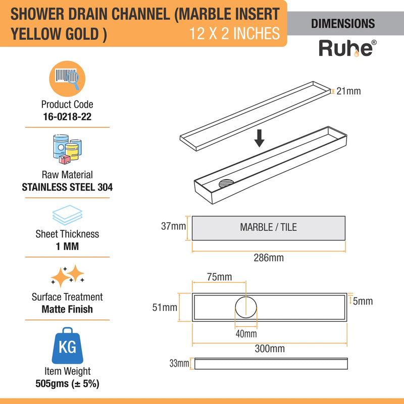 Marble-Insert Shower Drain Channel (2 Inches)
