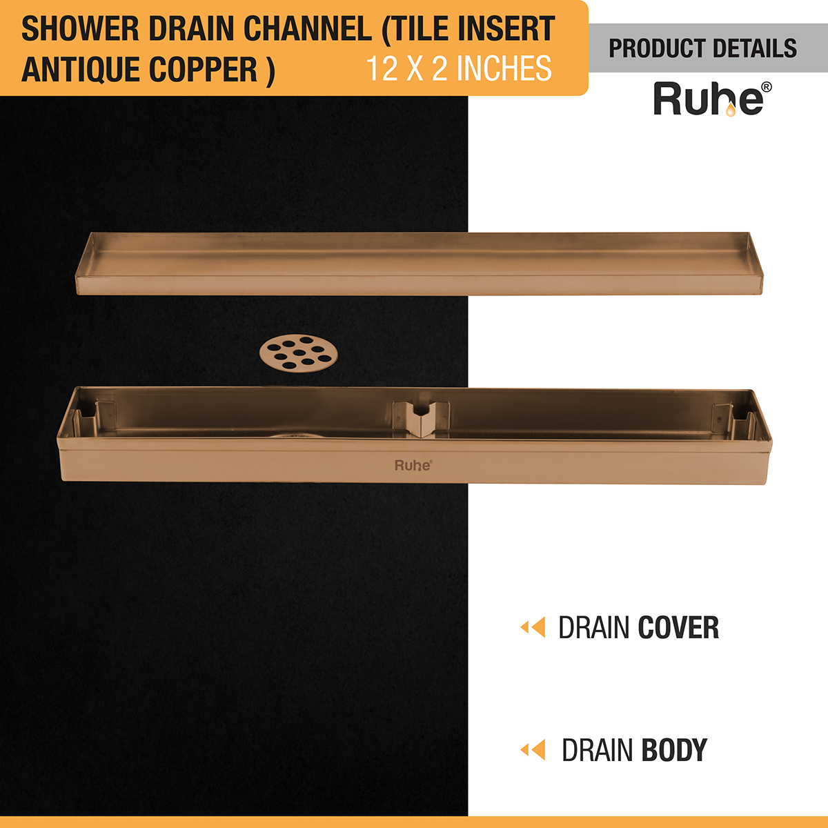 Tile Insert Shower Drain Channel (12 x 2 Inches) ROSE GOLD PVD Coated - by Ruhe®