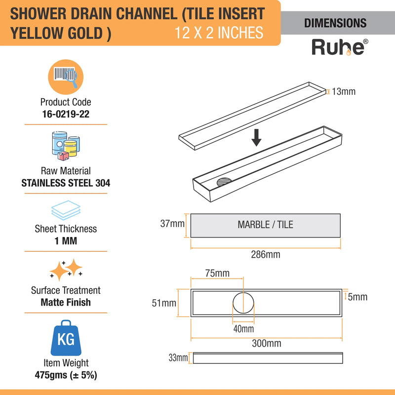 Tile Insert Shower Drain Channel (12 x 2 Inches) YELLOW GOLD PVD Coated - by Ruhe