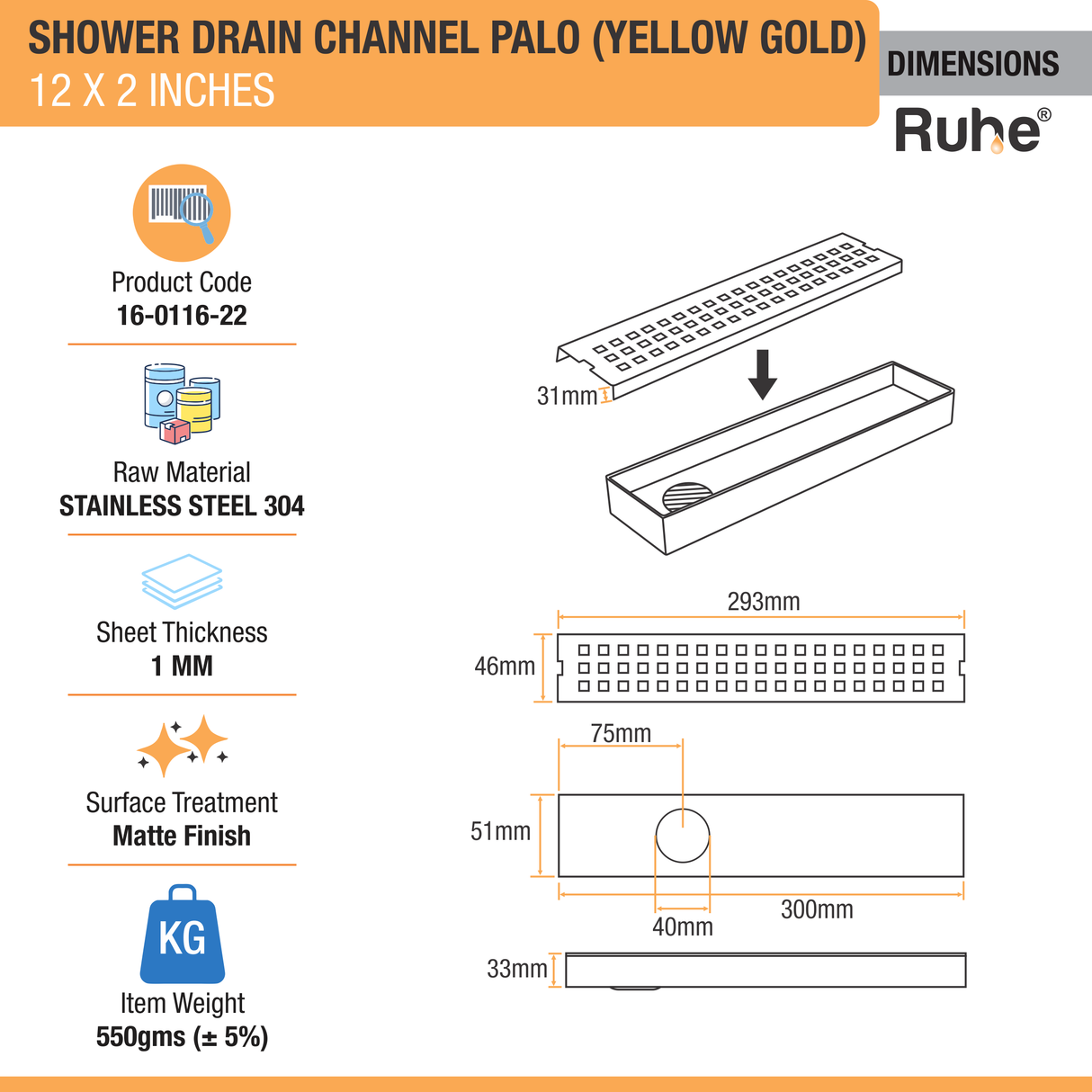 Palo Shower Drain Channel (12 x 2 Inches) with YELLOW GOLD PVD Coating - by Ruhe®