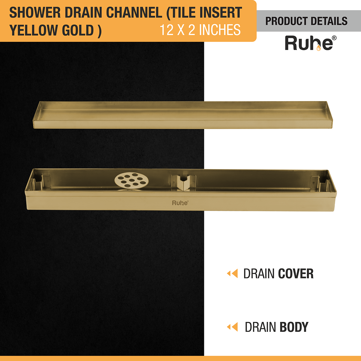 Tile Insert Shower Drain Channel (12 x 2 Inches) YELLOW GOLD PVD Coated - by Ruhe®