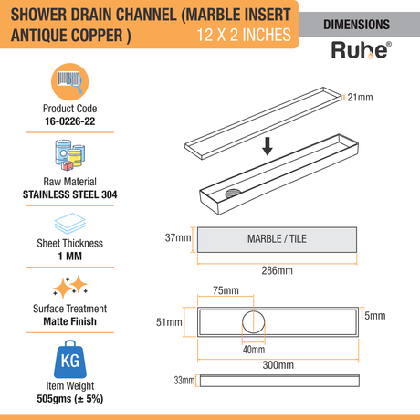 Marble Insert Shower Drain Channel (12 x 2 Inches) ROSE GOLD PVD Coated - by Ruhe®