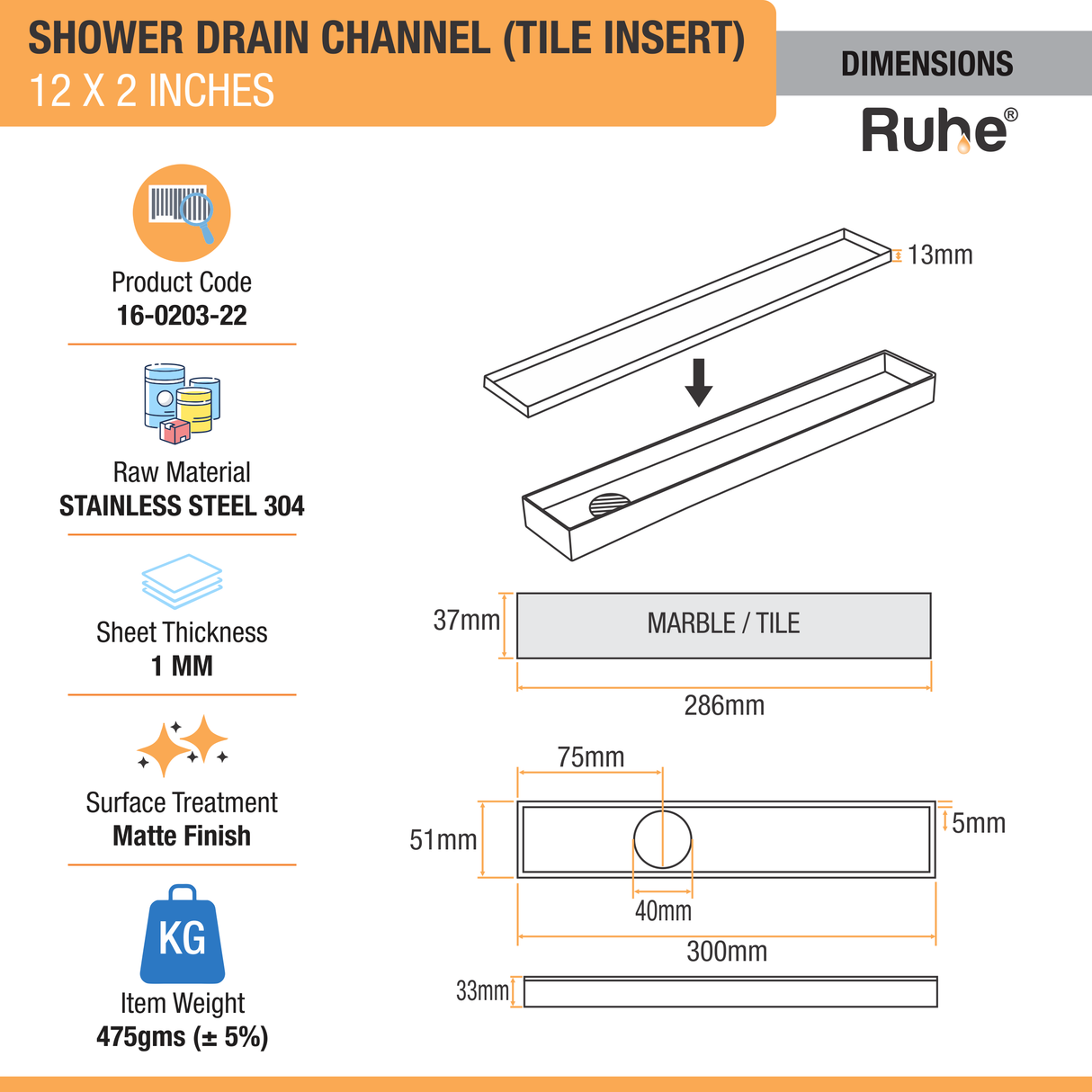 Tile Insert Shower Drain Channel (12 x 2 Inches) (304 Grade) - by Ruhe®