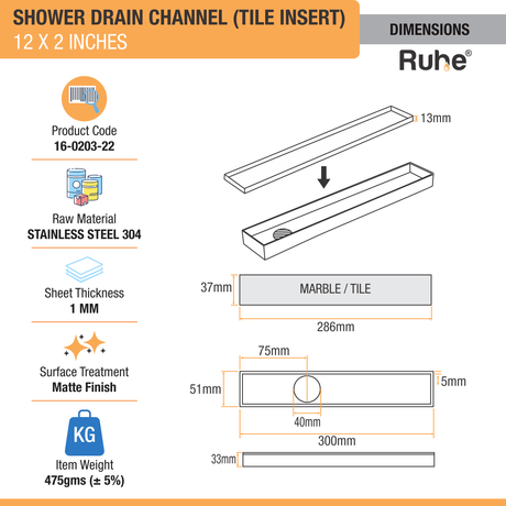 Tile Insert Shower Drain Channel (12 x 2 Inches) (304 Grade) - by Ruhe®