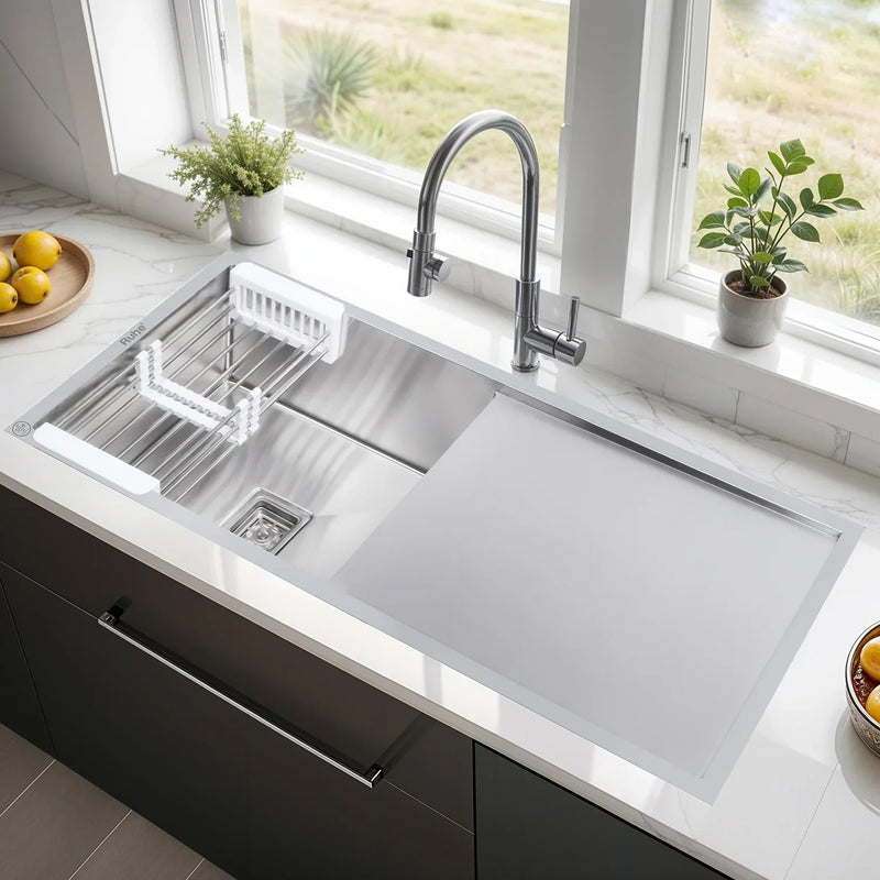 Handmade Stainless Steel Single Bowl Kitchen Sink with Drainboard (45 x 20 x 10 Inches) – Matt Steel