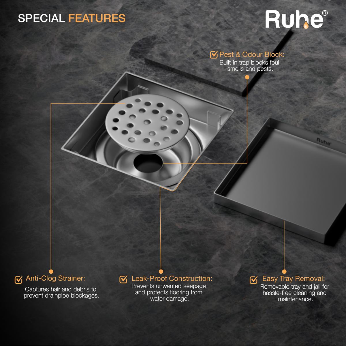 Tile-Insert Shower Drain Channel (4 x 4 Inches)
