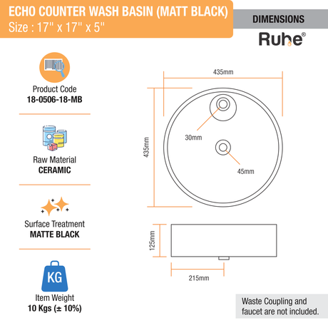 Echo Table Top Wash Basin (Matte Black) - Size