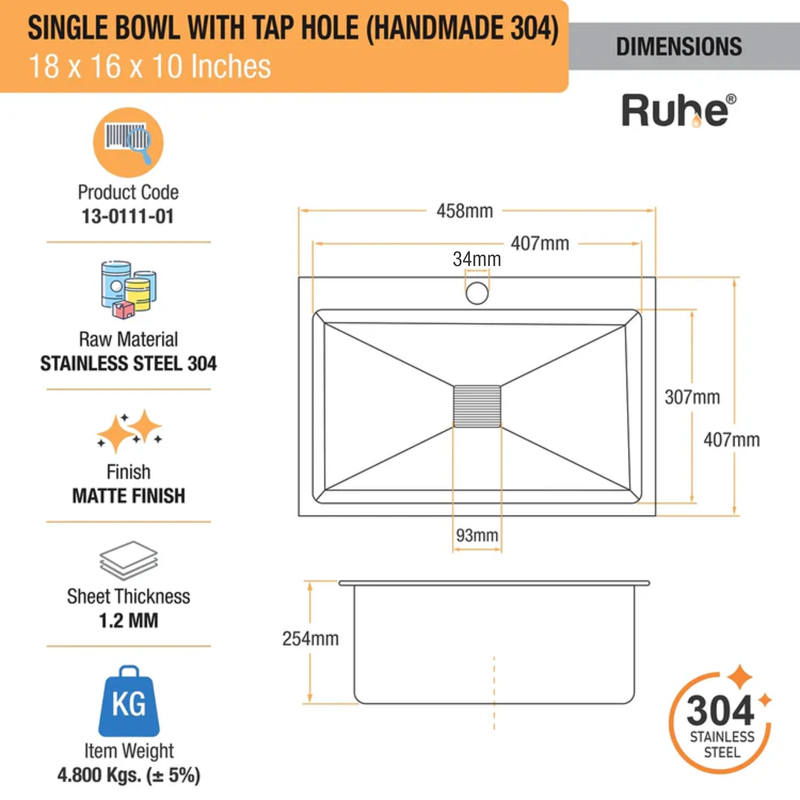 Handmade Single Bowl with Tap Hole Kitchen Sink (18 x 16 x 10 Inches)
