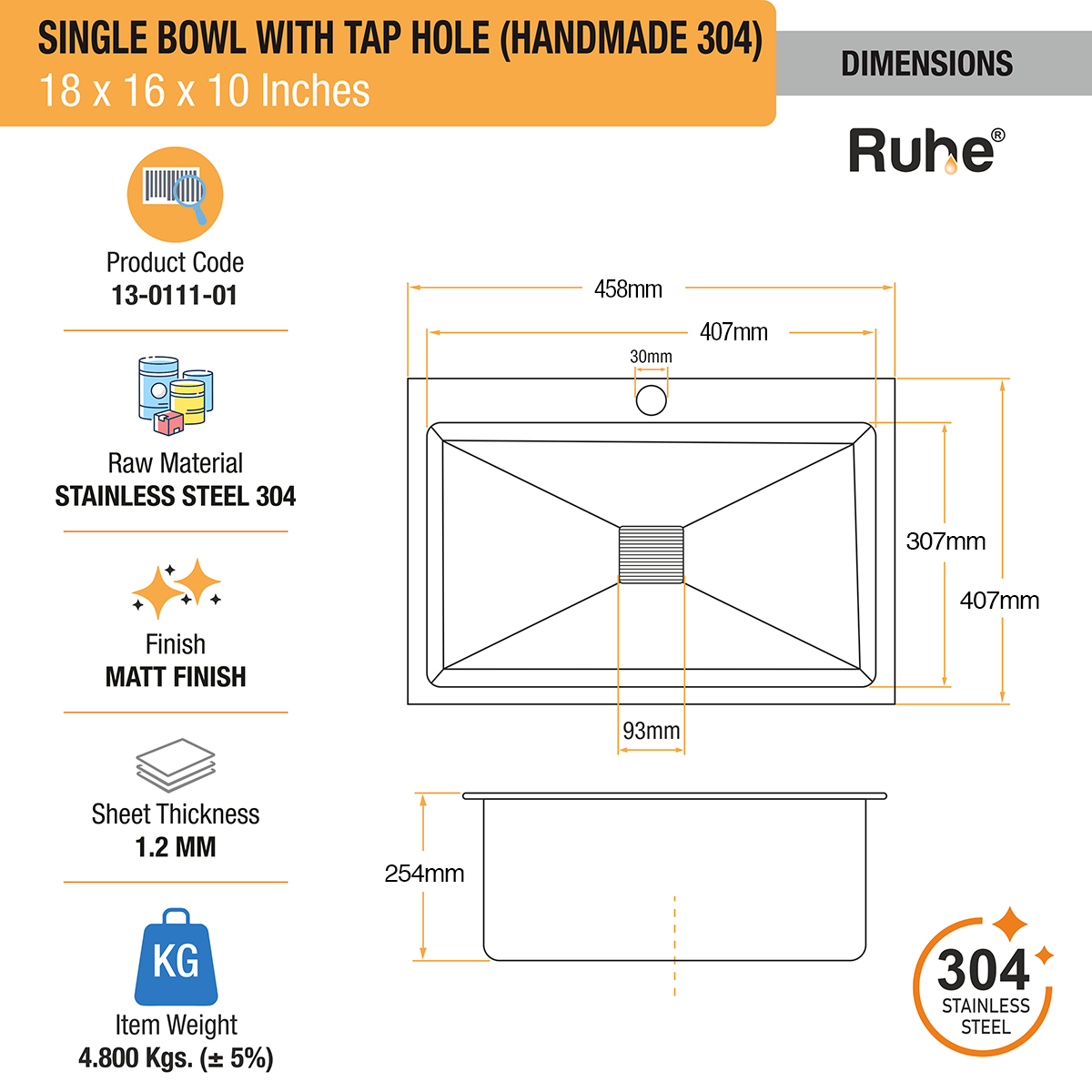 Handmade Single Bowl 304-Grade Kitchen Sink (18 x 16 x 10 Inches) with Tap Hole dimensions and sizes