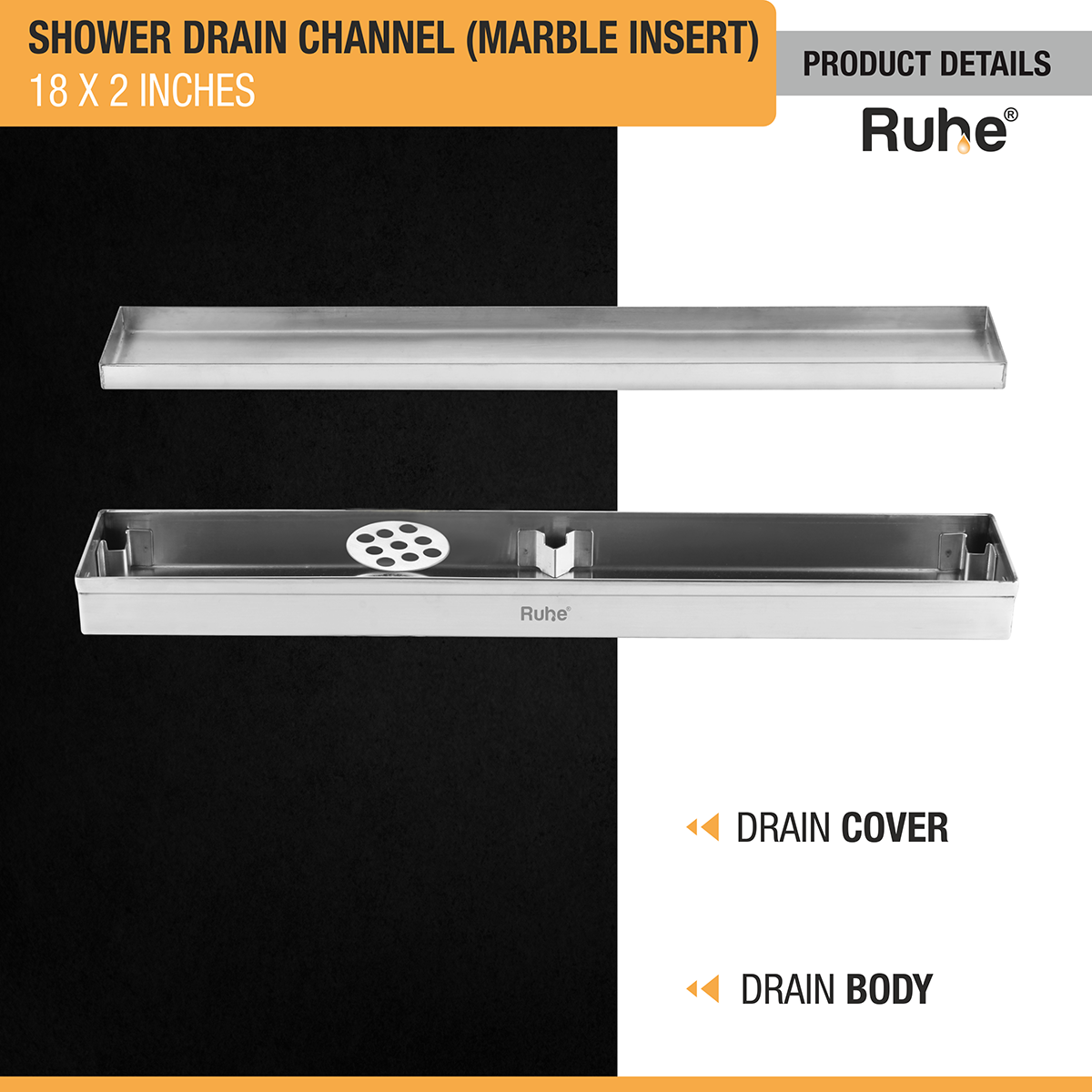 Marble Insert Shower Drain Channel (18 x 2 Inches) (304 Grade) - by Ruhe®