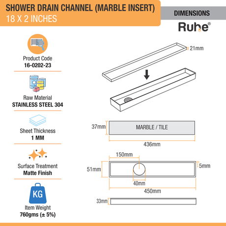 Marble Insert Shower Drain Channel (18 x 2 Inches) (304 Grade) - by Ruhe®