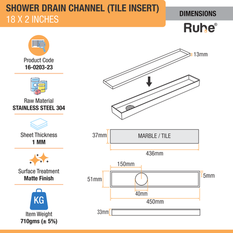 Tile Insert Shower Drain Channel (18 x 2 Inches) (304 Grade) - by Ruhe®