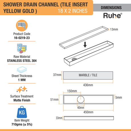 Tile Insert Shower Drain Channel (18 x 2 Inches) YELLOW GOLD PVD Coated - by Ruhe®