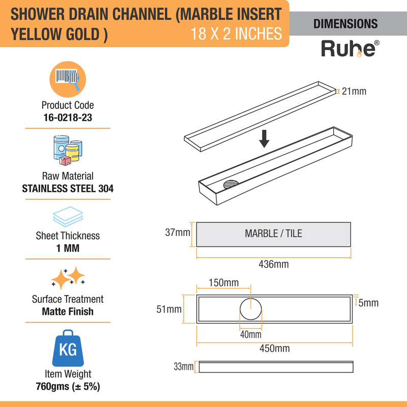Marble Insert Shower Drain Channel (18 x 2 Inches) YELLOW GOLD PVD Coated - by Ruhe