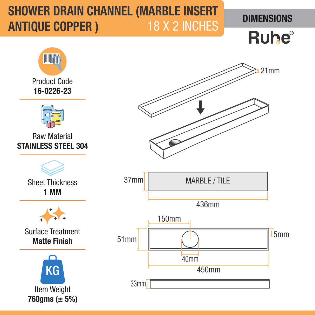 Marble Insert Shower Drain Channel (18 x 2 Inches) ROSE GOLD PVD Coated - by Ruhe®