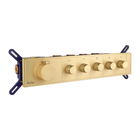 Aurora 5-Function Brass Concealed Thermostatic Diverter in Yellow Gold, front view with the thermostatic handle and 5 outlet knobs