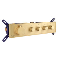 Aurora 4-Function Brass Concealed Thermostatic Diverter in Yellow Gold, front view with the thermostatic handle and 4 outlet knobs