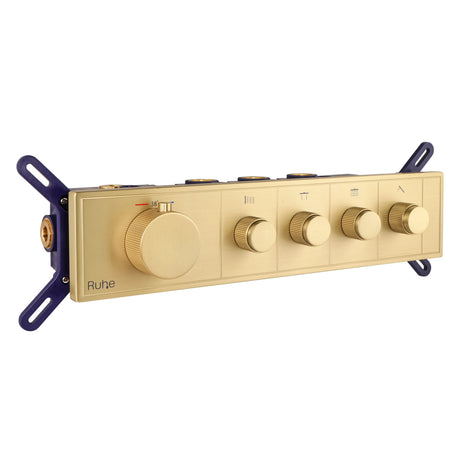 Aurora 4-Function Brass Concealed Thermostatic Diverter in Yellow Gold, front view with the thermostatic handle and 4 outlet knobs