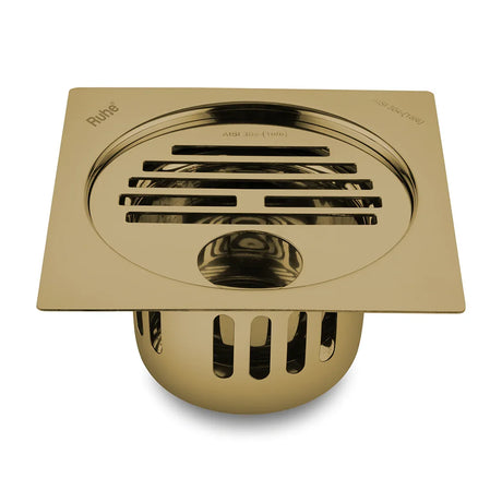 Classic Square Flat Cut Floor Drain in Yellow Gold PVD Coating (5 x 5 Inches) with Hole