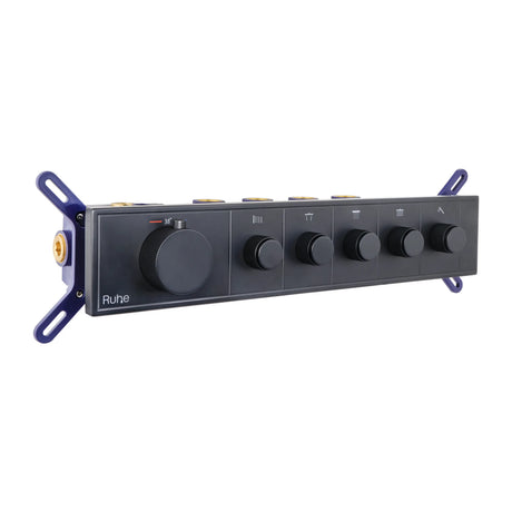 Aurora 5-Function Brass Concealed Thermostatic Diverter in Matt Black, front view with the thermostatic handle and 5 outlet knobs