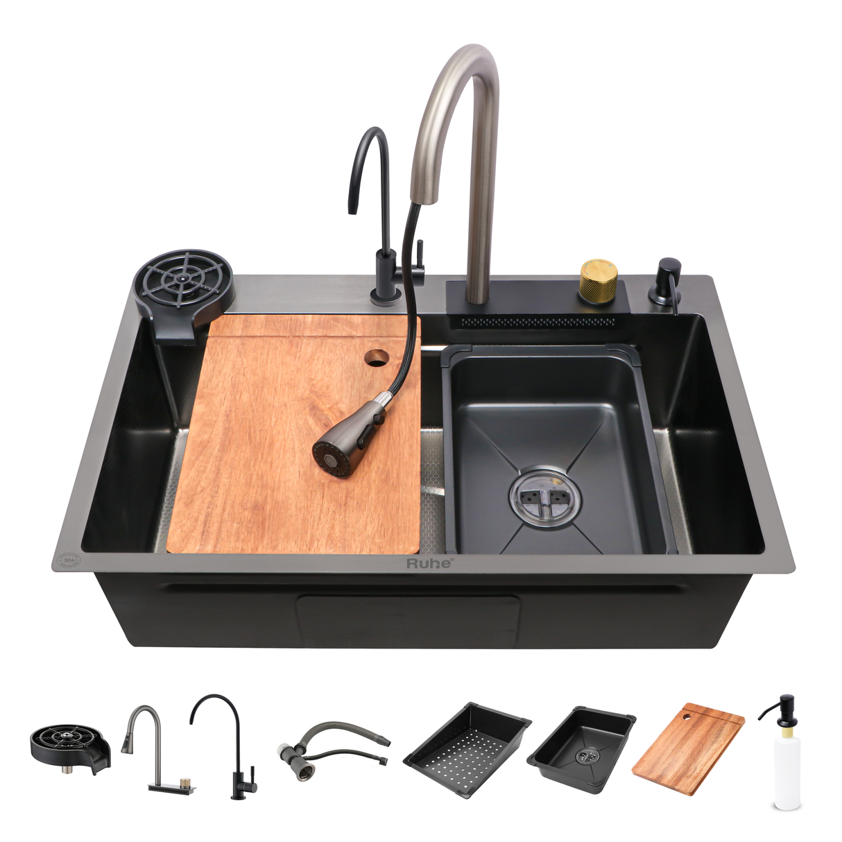 Nano Black 304-Grade Kitchen Sink with Integrated Waterfall, Pull-Out & RO Faucet (30 x 18 x 9 Inches)  - by Ruhe