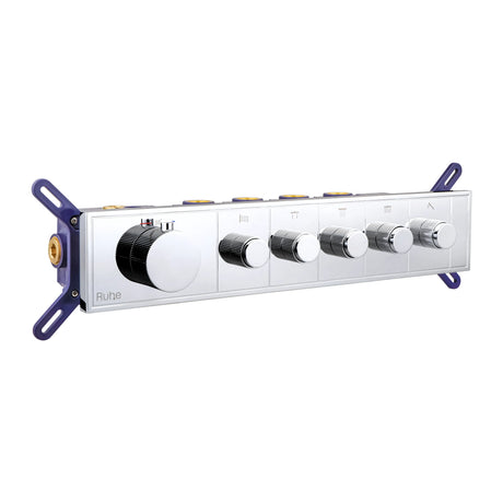Aurora 5-Function Brass Concealed Thermostatic Diverter in Chrome, front view with the thermostatic handle and 5 outlet knobs