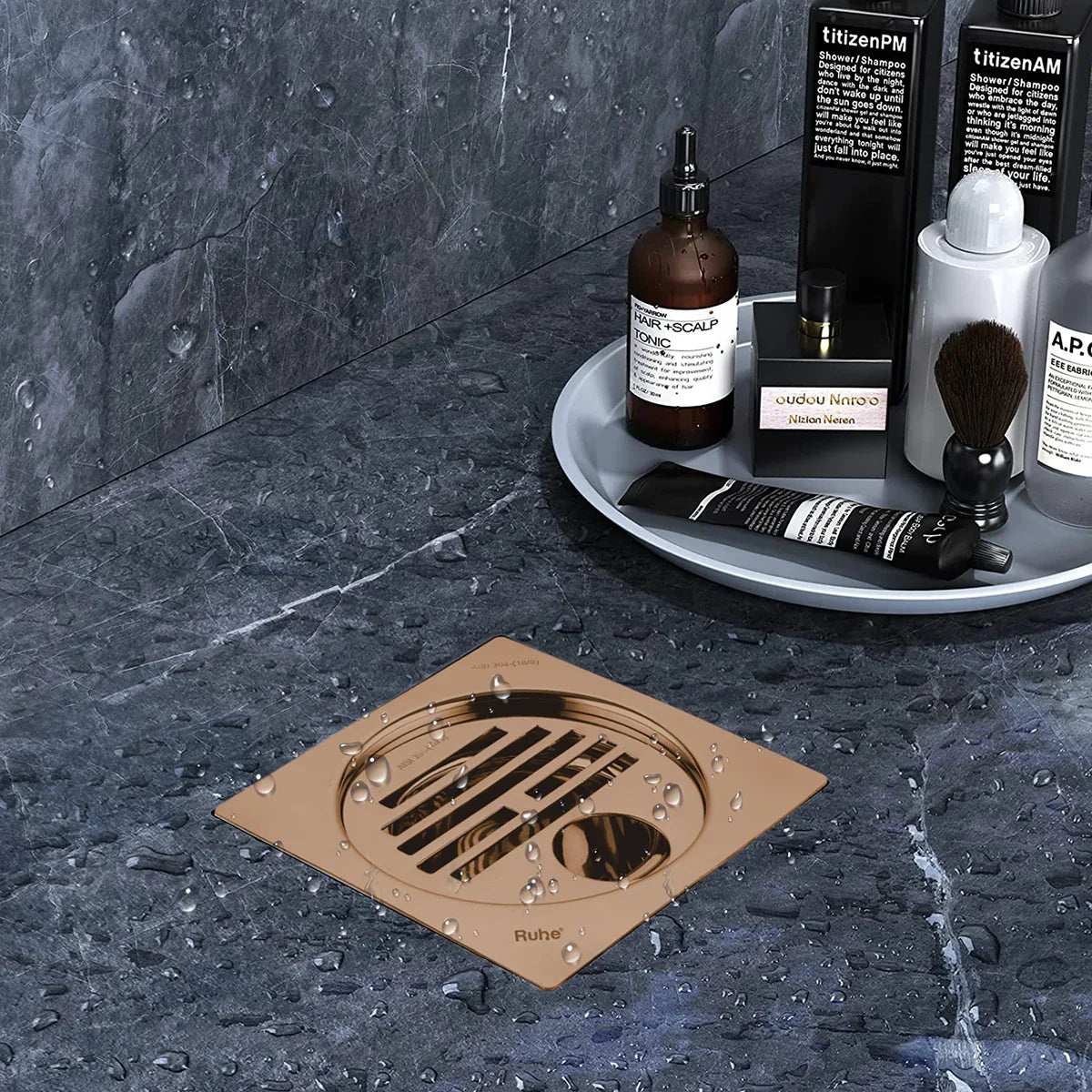 Classic Square Flat Cut Floor Drain in Antique Copper PVD Coating (5 x 5 Inches) with Hole - by Ruhe