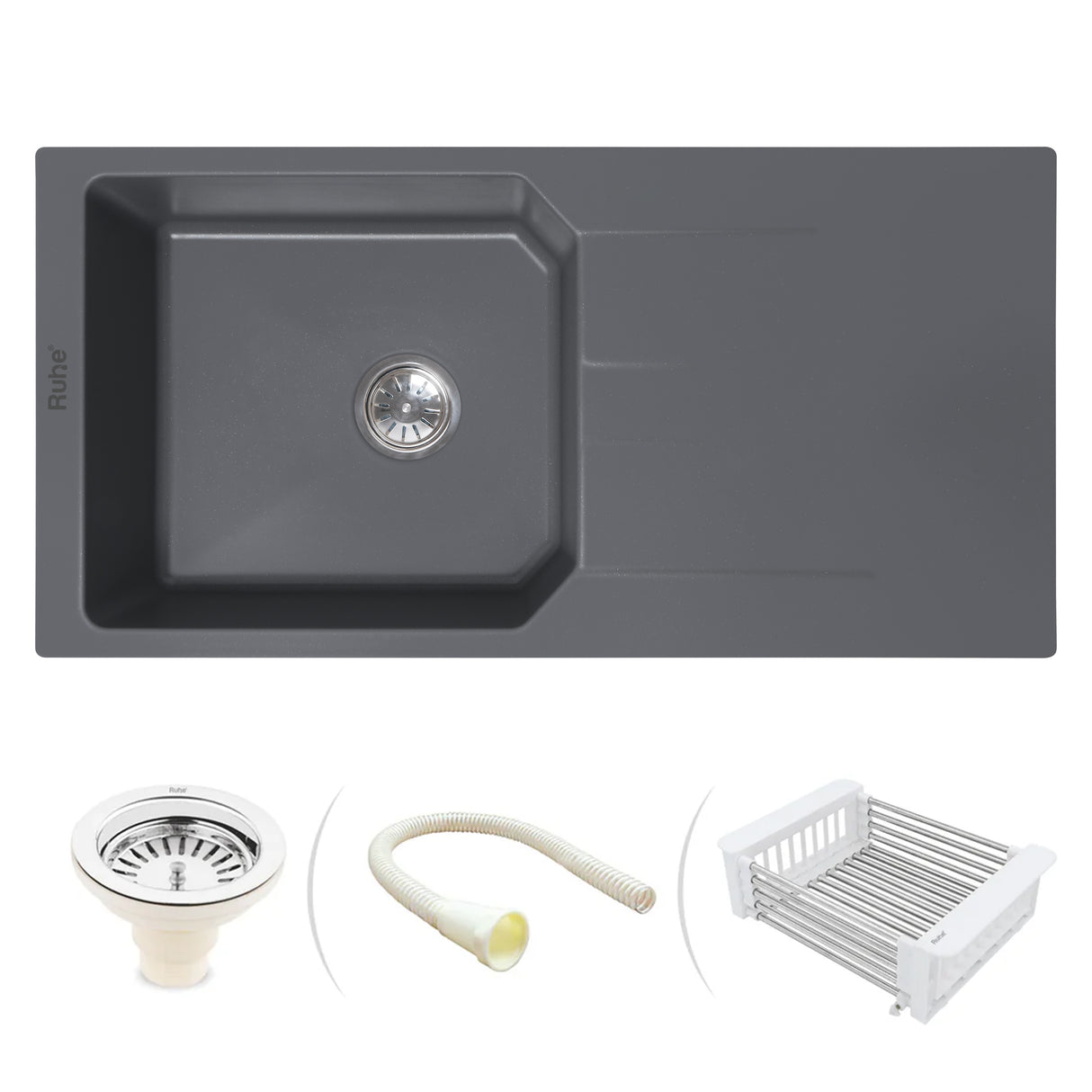 Quartz Single Bowl with Drainboard Kitchen Sink - Smoke Grey (39 x 20 x 9 inches) - by Ruhe